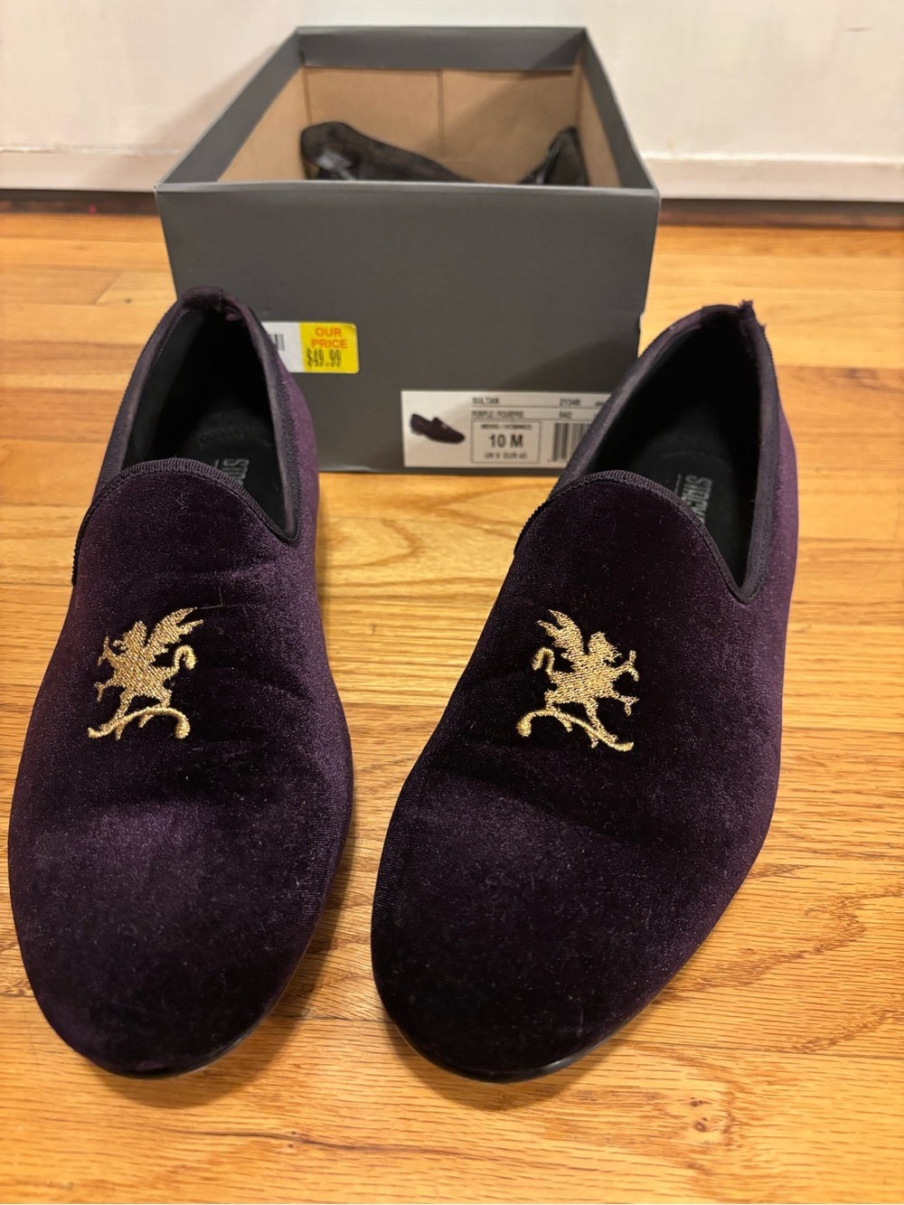 Stacy Adams Purple Velvet Slip-On Loafers with Gold Embroidered Crest